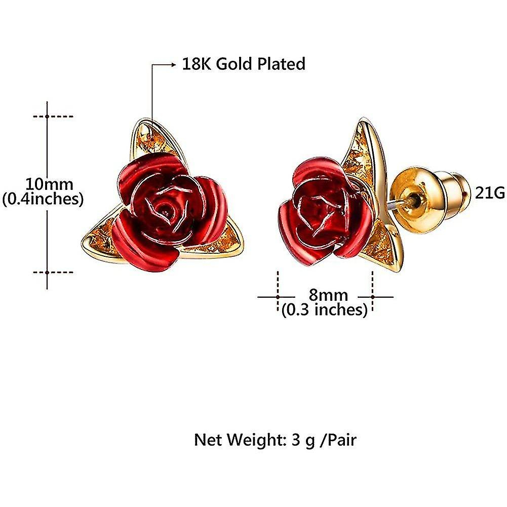Foto 4 pulgar | Pendientes De Tuerca Chapados En Oro De 18 Quilates Con Rosas Rojas 3d Para Mujer - Venta Internacional.