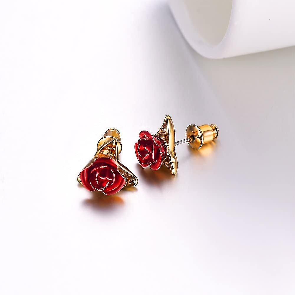 Foto 5 pulgar | Pendientes De Tuerca Chapados En Oro De 18 Quilates Con Rosas Rojas 3d Para Mujer - Venta Internacional.