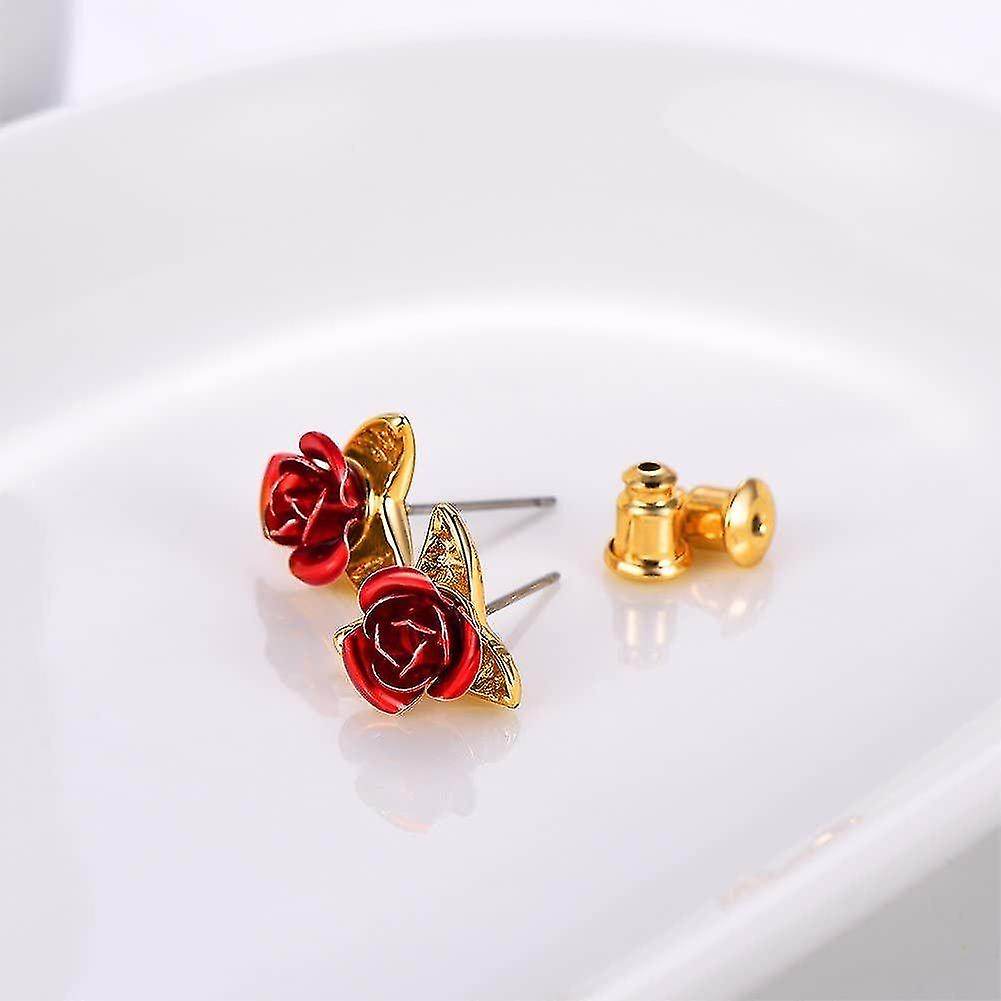 Foto 6 pulgar | Pendientes De Tuerca Chapados En Oro De 18 Quilates Con Rosas Rojas 3d Para Mujer - Venta Internacional.