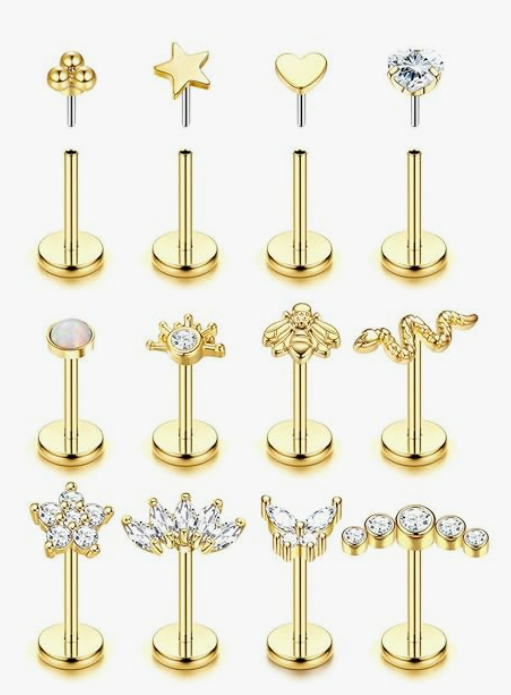 Foto 2 pulgar | Set De Joyas Xtellar  Aretes Dorados De 14k  De Acero Quirúrgico  Para Piercing En Cartílago  Tragus Y Hélix.