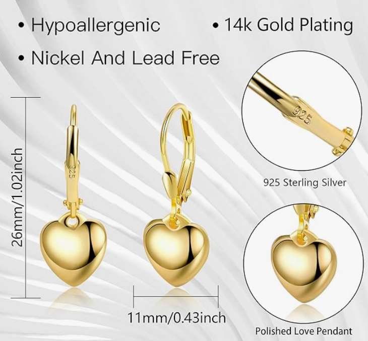 Foto 3 pulgar | Aretes Colgantes Xtellar De Plata De Ley 925 Para Mujer  Diseño De Corazón  Chapados En Oro De 14k  Regalo De J