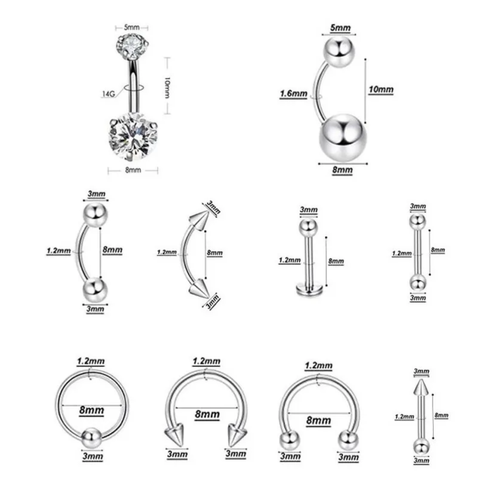 Foto 4 pulgar | 85 Pzs Kit De Piercings De Acero Inoxidable Anillos Ombligo Belug  Plateado