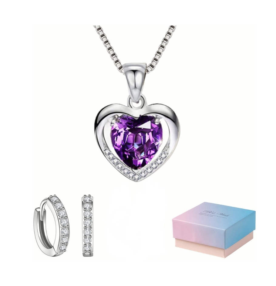 Cadena con Dije de Corazón 925 Plata y Cristal Morado