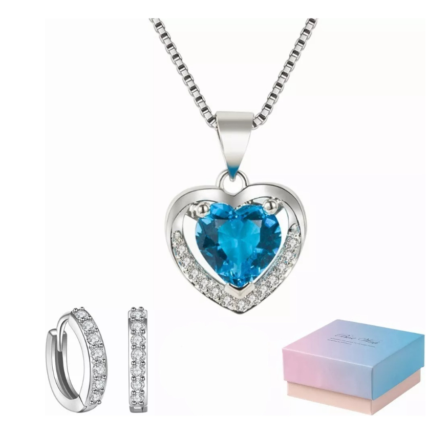 Cadena con Dije de Corazón 925 Plata y Cristal  Azul