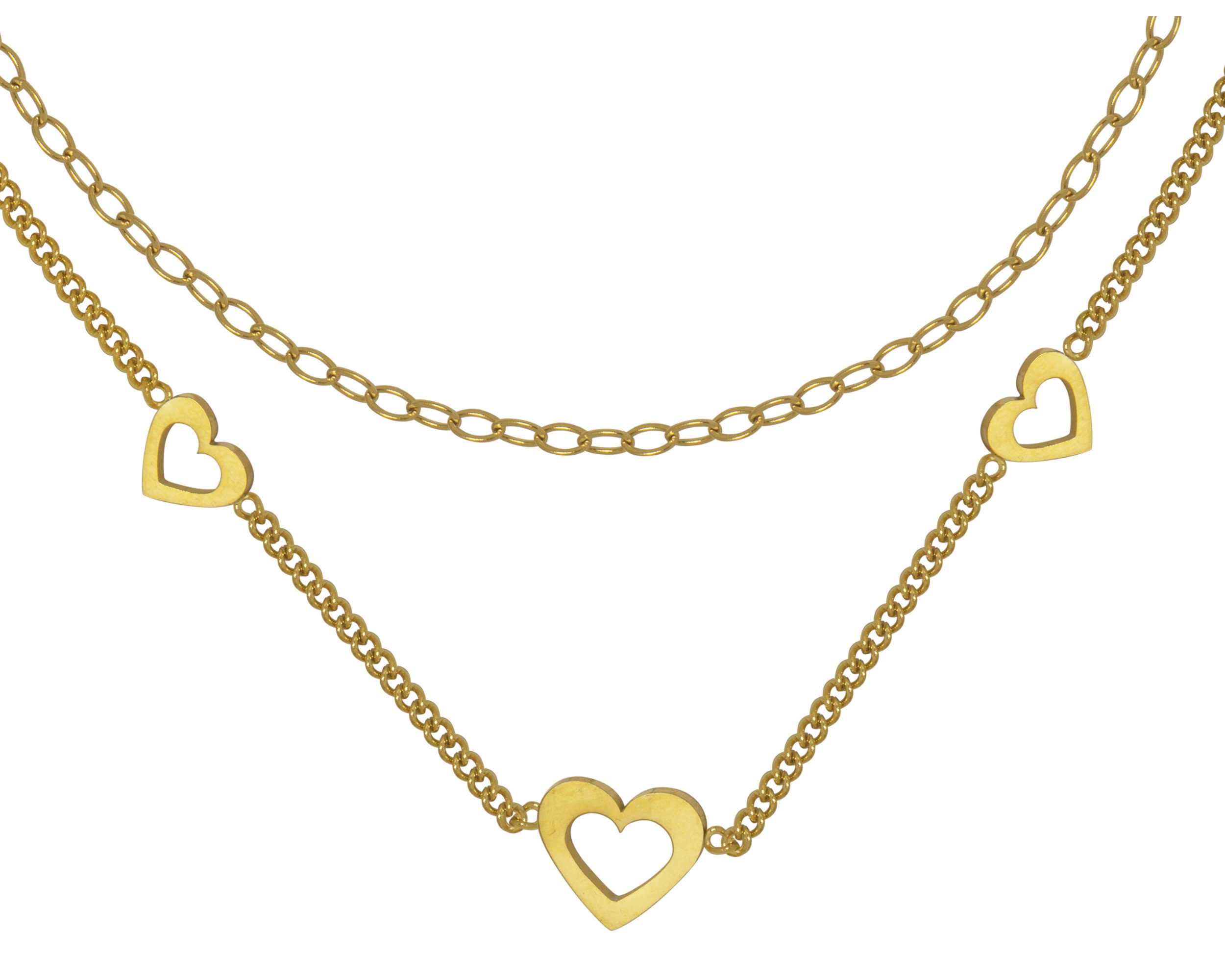 Gargantilla Corazones Doble Cadena 45cm Acero Inoxidable Tono Dorado CH19