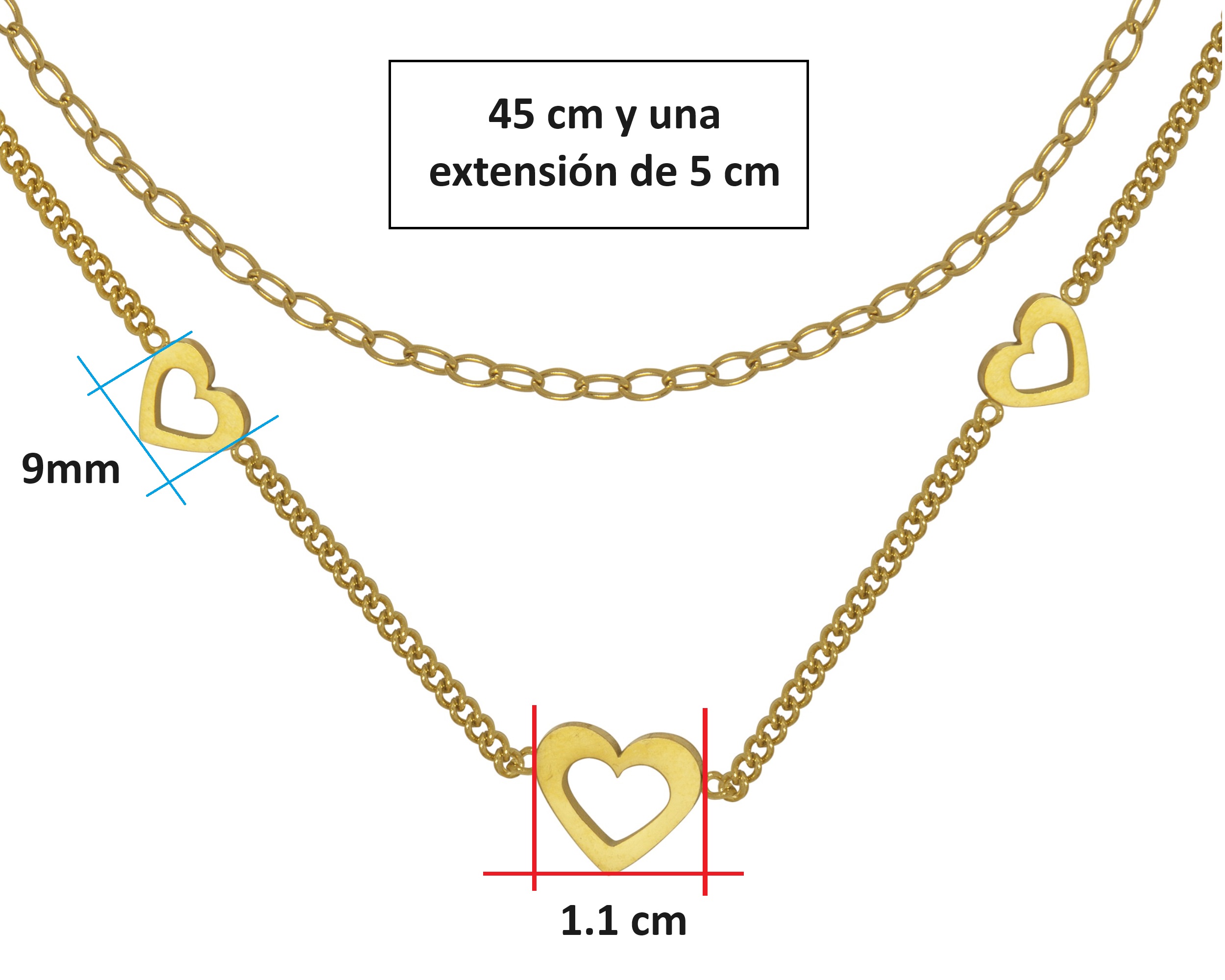 Foto 8 pulgar | Gargantilla Corazones Doble Cadena 45cm Acero Inoxidable Tono Dorado CH19