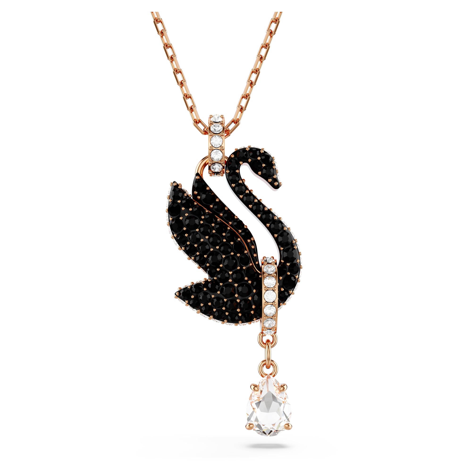 Collar Con Colgante De Cisne De Swarovski Con Cristales Negros En Oro Rosa - Venta Internacional.