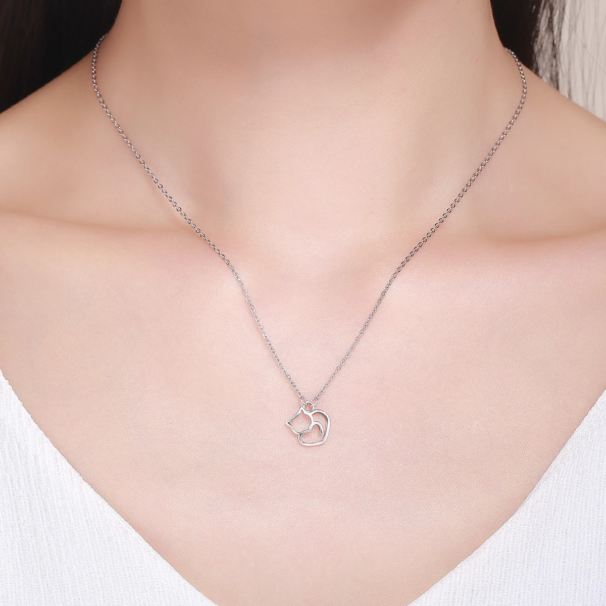 Foto 2 | Collar Gato Corazón De Plata .925 Con Cadena De Plata Ajustable
