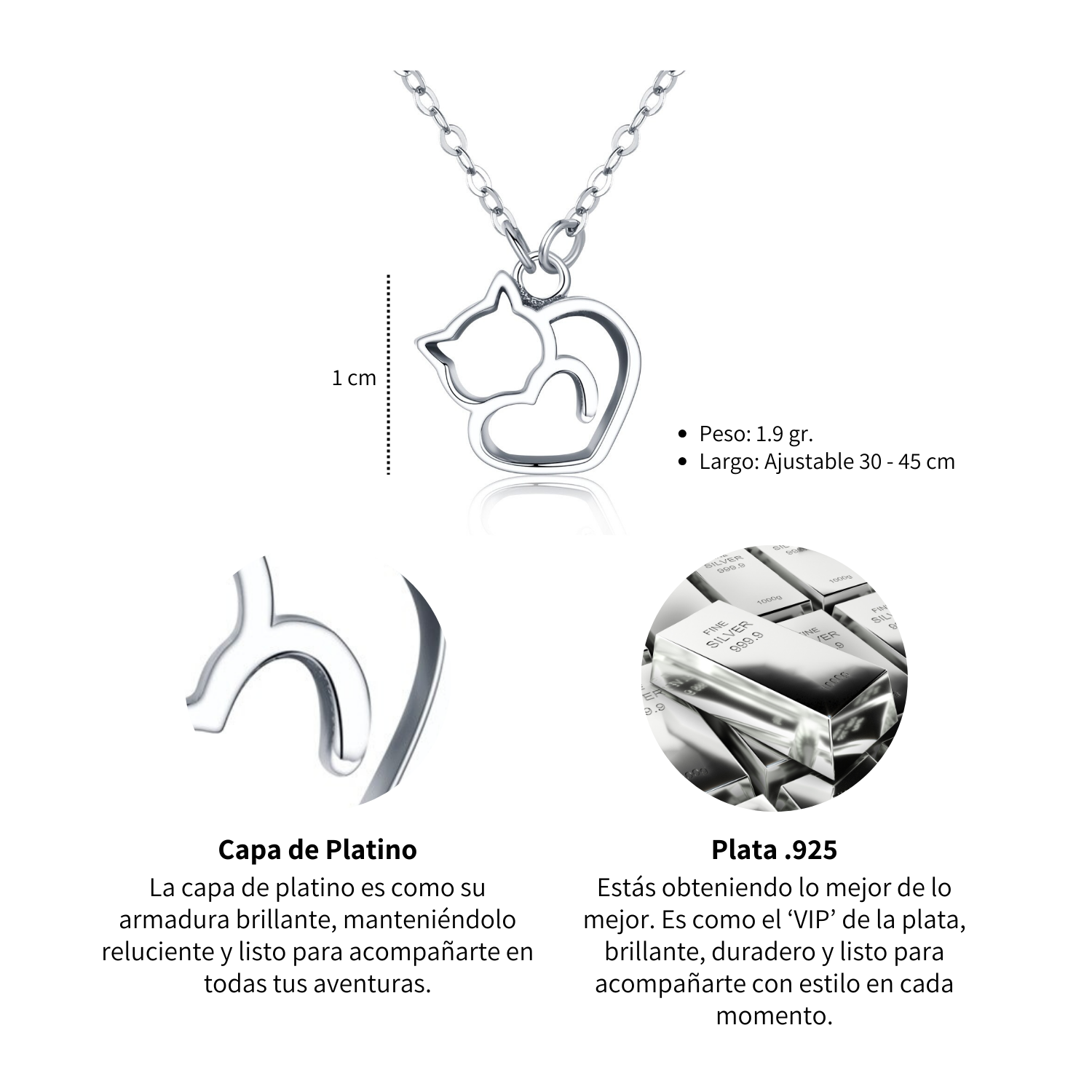Foto 5 | Collar Gato Corazón De Plata .925 Con Cadena De Plata Ajustable