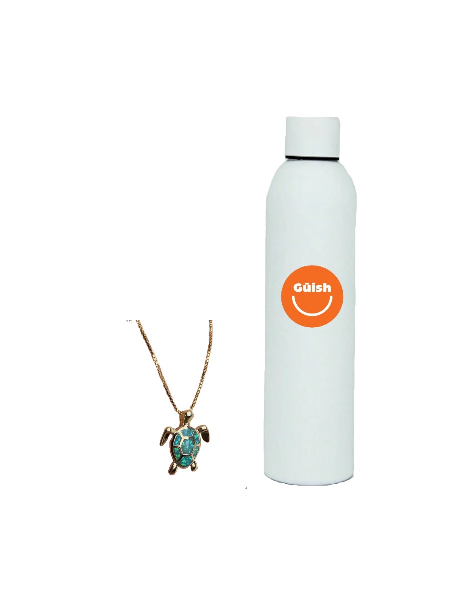 Collar De Tortuga Verde Jade Acero Inoxidable + Termo De Agua Güish