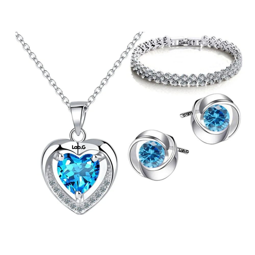 Foto 2 pulgar | Collar Moda De Corazón Plata 925 Mujer+ Pendientes+ Pulsera Lab.g,  Plata Azul