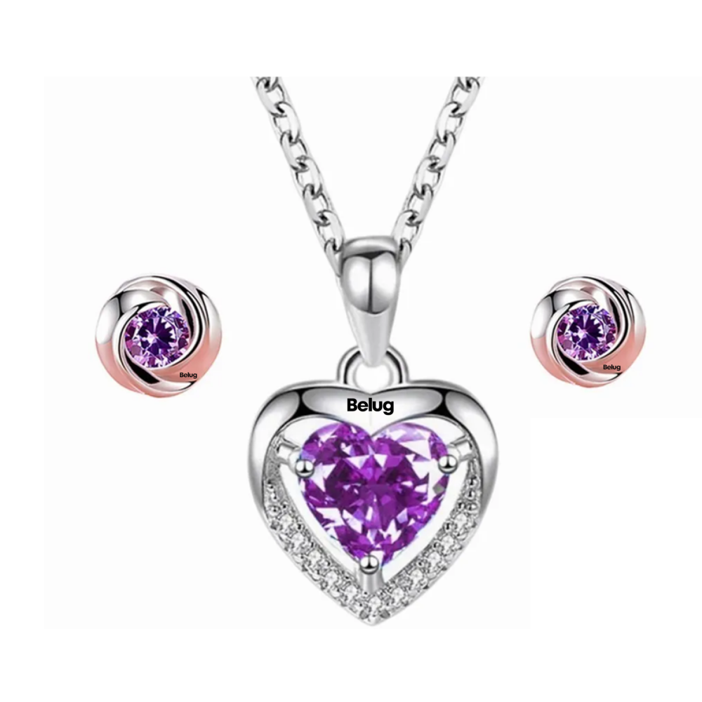 Foto 2 pulgar | Collar Y Aretes De Cristal Corazón De Plata 925 Para Mujer Belug,  Morado