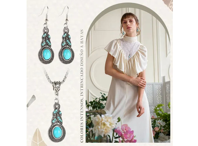 Foto 6 pulgar | Collar Xtellar Para Mujer Aretes Largos Colgante Vintage De Turquesa