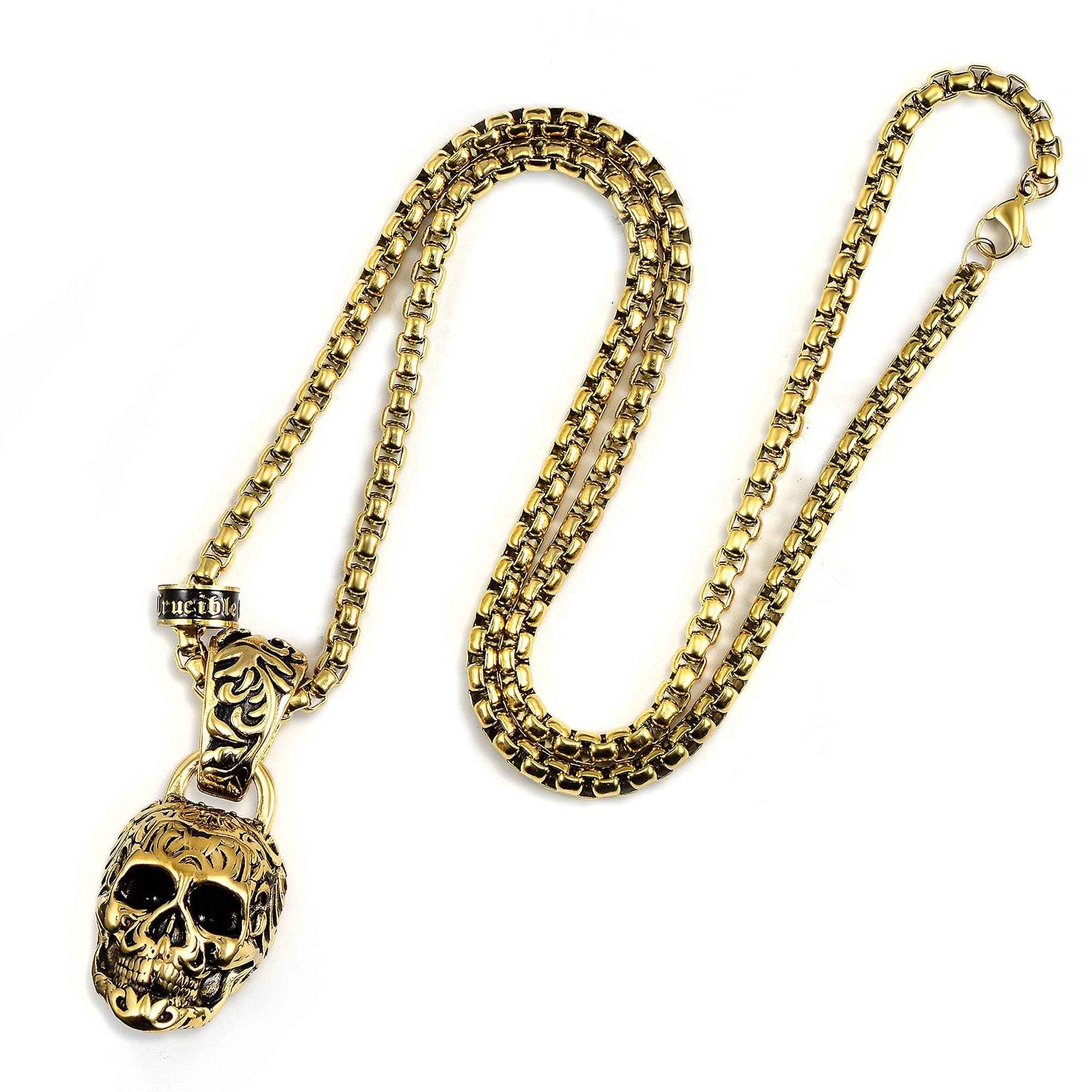 Foto 2 pulgar | Collar Crucible Con Calavera De Acero Chapado En Oro Envejecido Y Pulido - Venta Internacional.