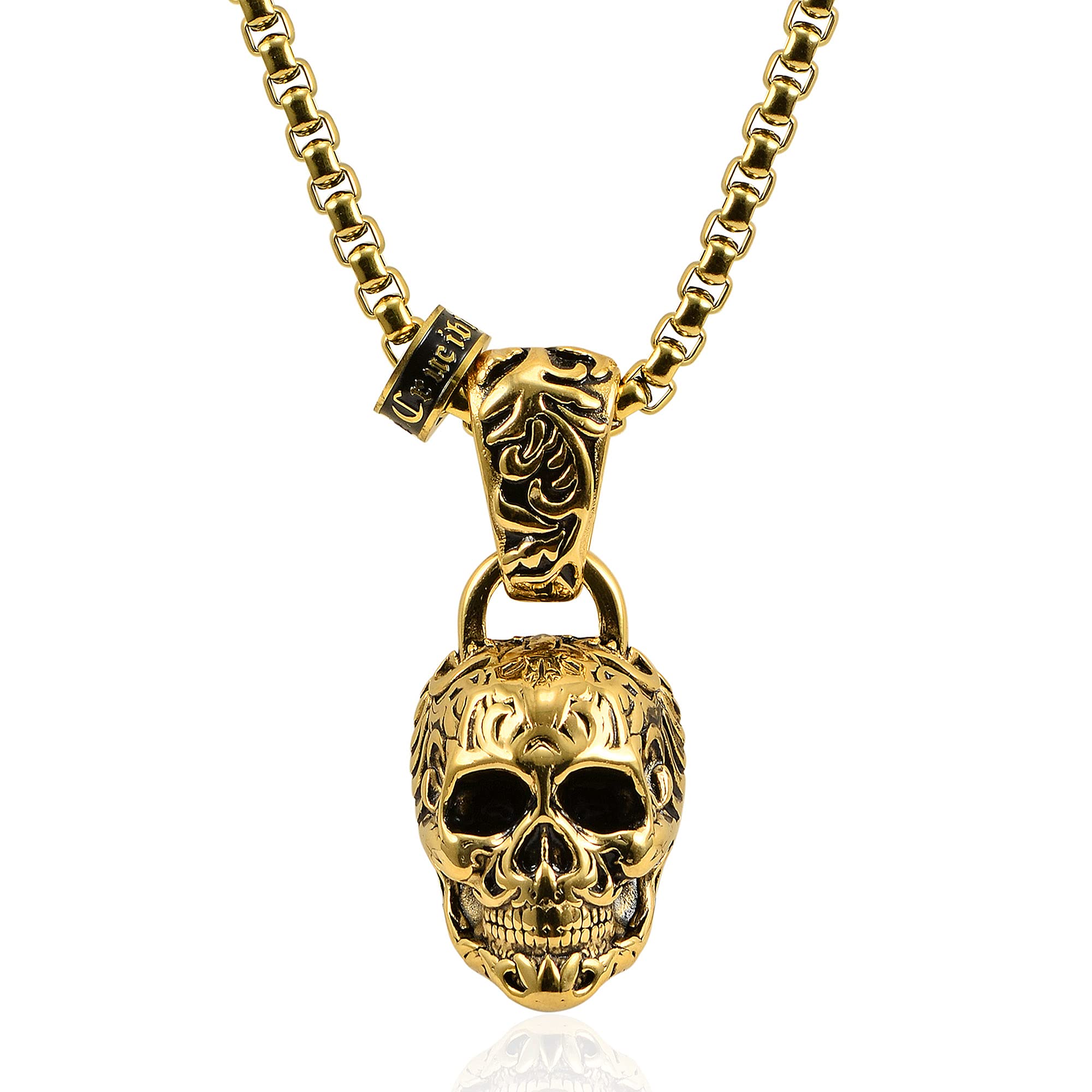 Foto 3 pulgar | Collar Crucible Con Calavera De Acero Chapado En Oro Envejecido Y Pulido - Venta Internacional.