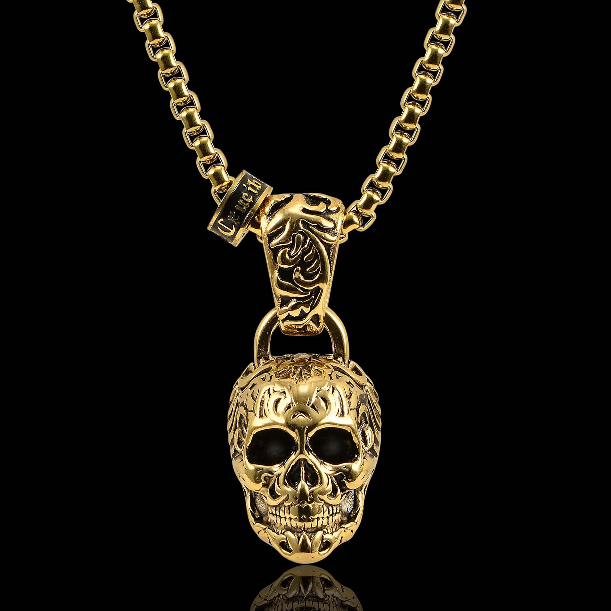 Foto 5 pulgar | Collar Crucible Con Calavera De Acero Chapado En Oro Envejecido Y Pulido - Venta Internacional.