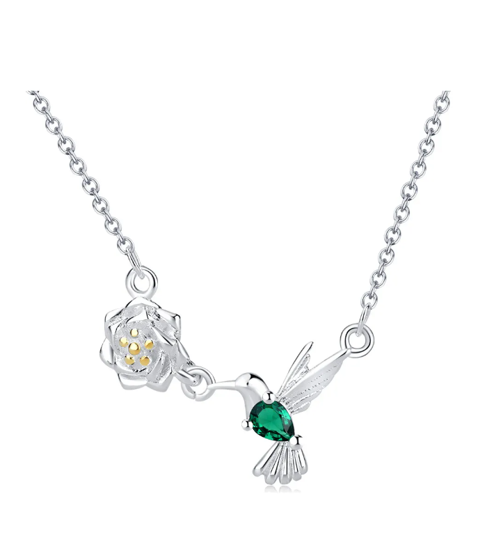 Foto 2 pulgar | Collar De Colibrí Para Mujer Dije Chapado En Plata Ley 925 Verde Turquesa
