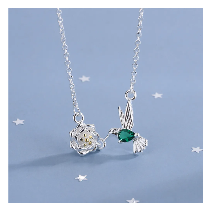 Foto 5 pulgar | Collar De Colibrí Para Mujer Dije Chapado En Plata Ley 925 Verde Turquesa