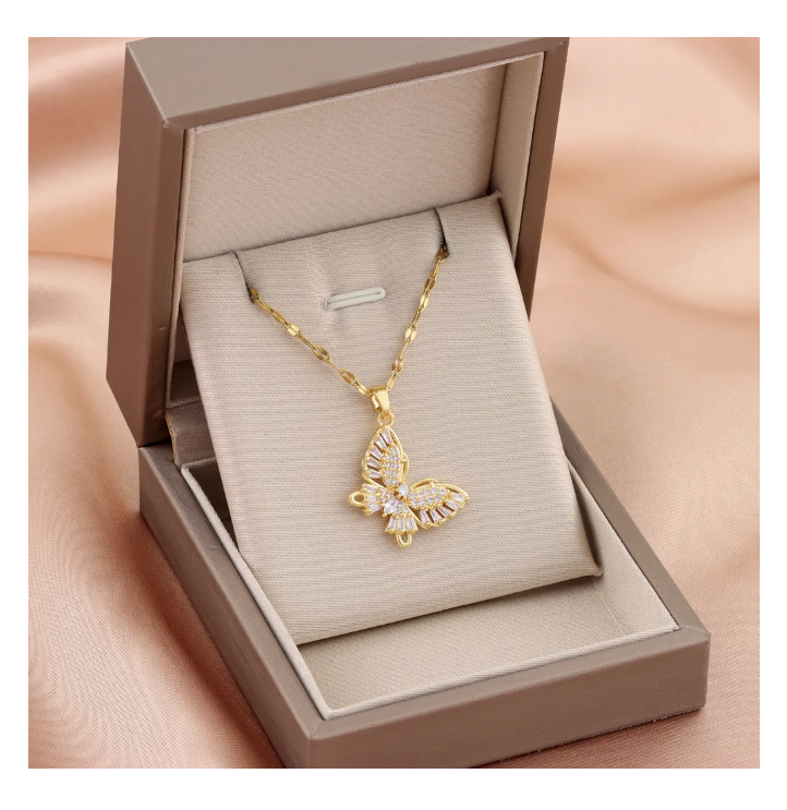 Foto 4 pulgar | Collar Mariposa Mujer Chapada En Oro 18k Y Zirconias Elegante Cadena