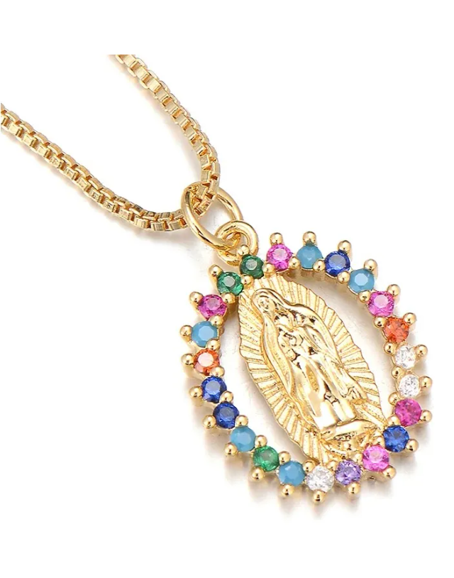 Foto 6 pulgar | Medalla Collar Virgen De Guadalupe Chapada En Oro De 18k Cadena Dorada Dije Acero Inoxidable Con Zirconias Con Baño D