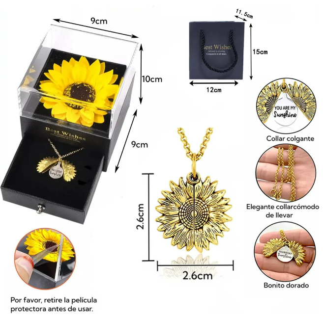 Foto 4 pulgar | Xtellar Eterno Girasol Joyería Set Con Collar De Girasol Y Anillo En Caja De Regalo