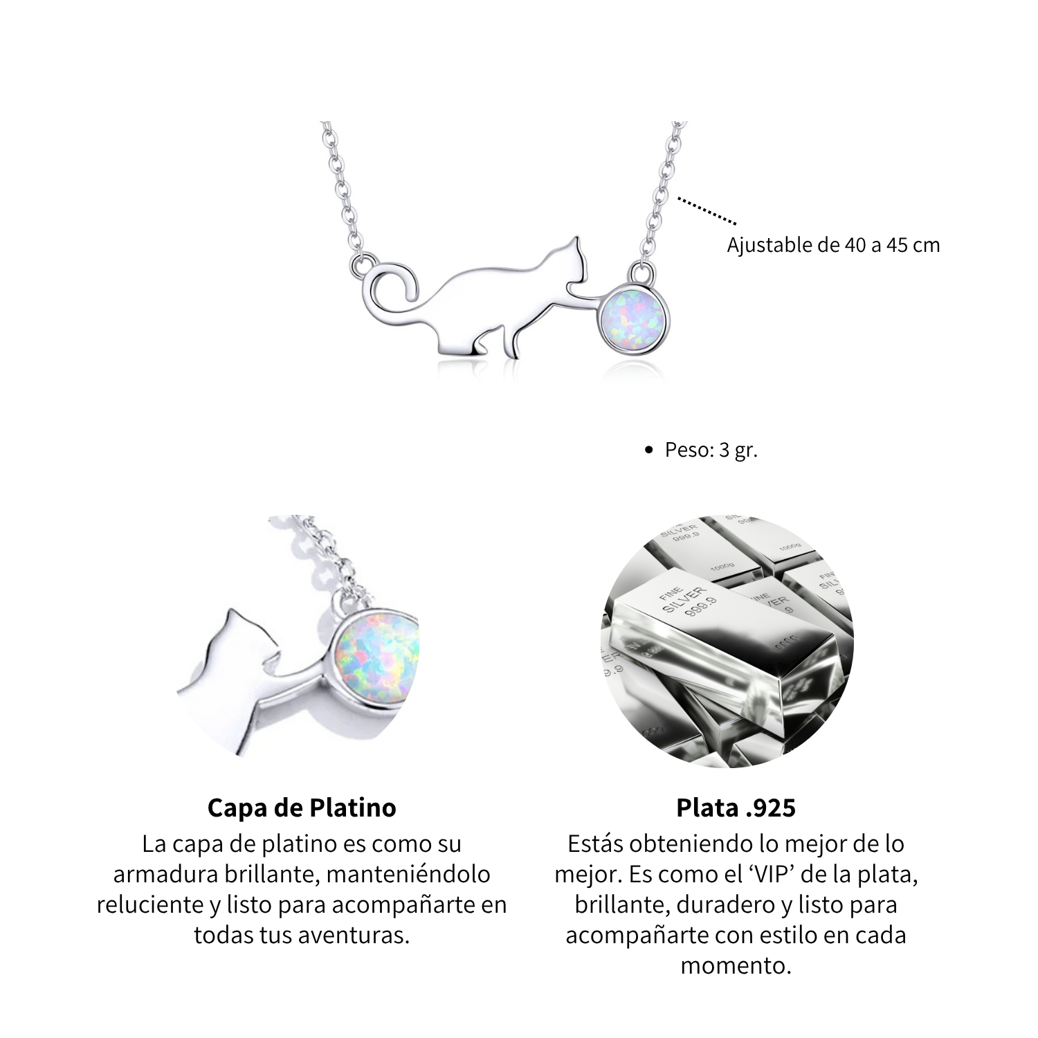 Foto 6 | Collar Chulada  Gato Bola De Estambre De Plata .925 Con Chapa De Platino Que Lo Protege De Químicos Y Agua