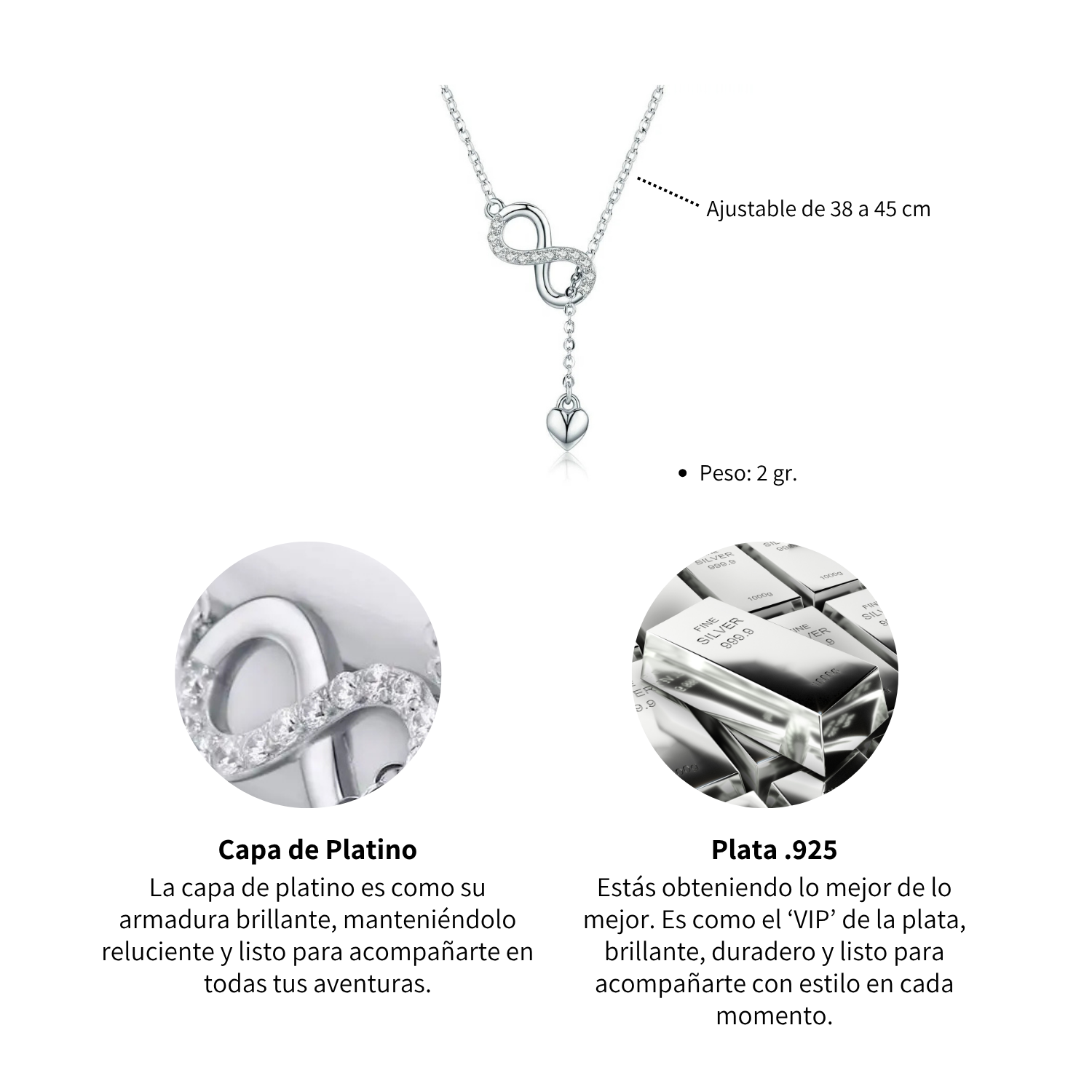 Foto 6 | Collar Chulada  Infinito Corazón De Plata .925 Con Chapa De Platino  Resistente A Perfume Y Agua
