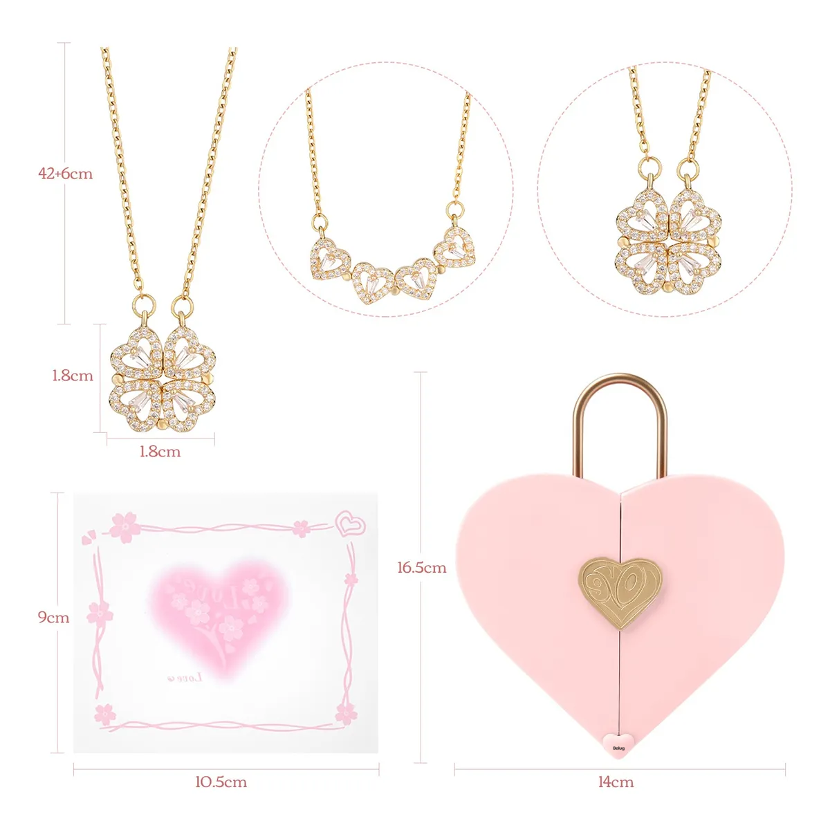 Foto 2 | Collar Belug  Dama Corazón Y Trébol Mujer 18k Oro De Caja De Regalo Rosa
