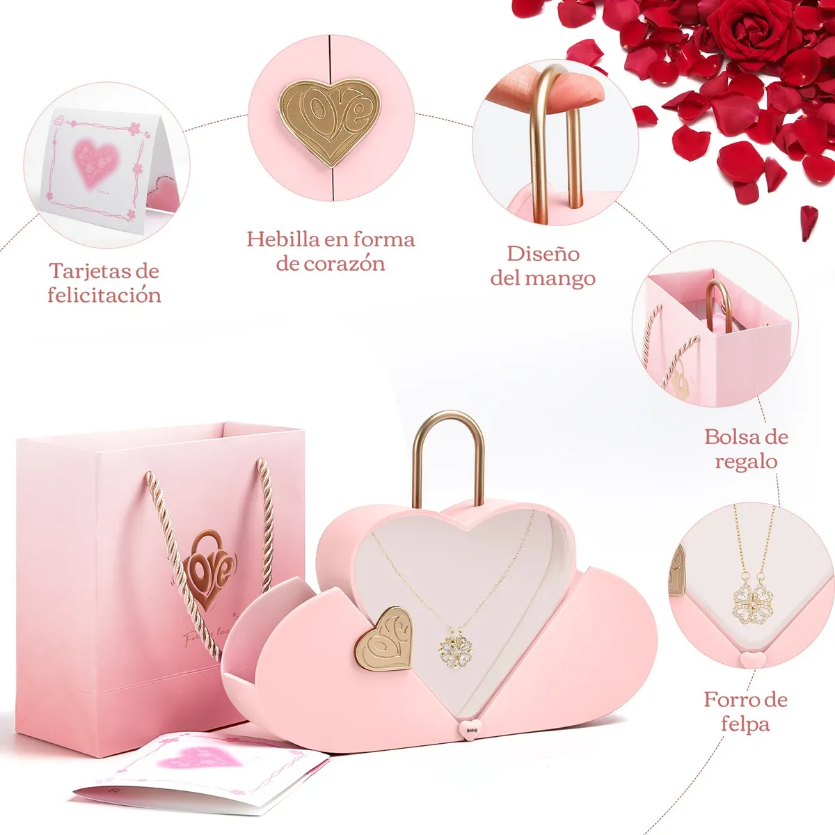Foto 6 pulgar | Collar Belug  Dama Corazón Y Trébol Mujer 18k Oro De Caja De Regalo Rosa