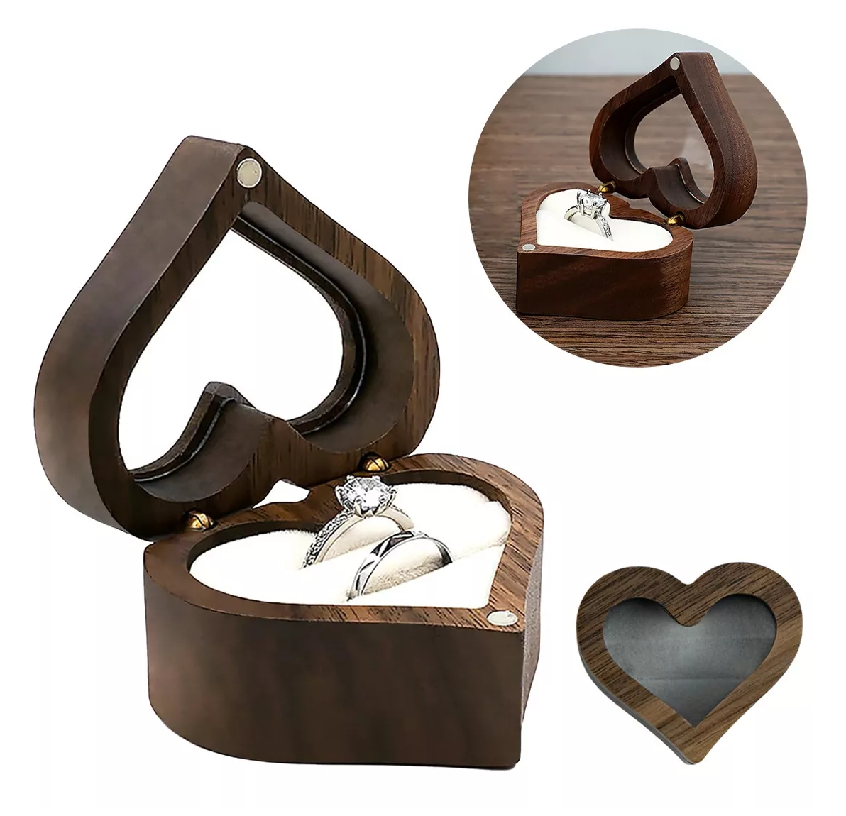 Foto 4 pulgar | Caja Con Anillos Forma De Corazón De Madera Nogal Para Boda, Blanco