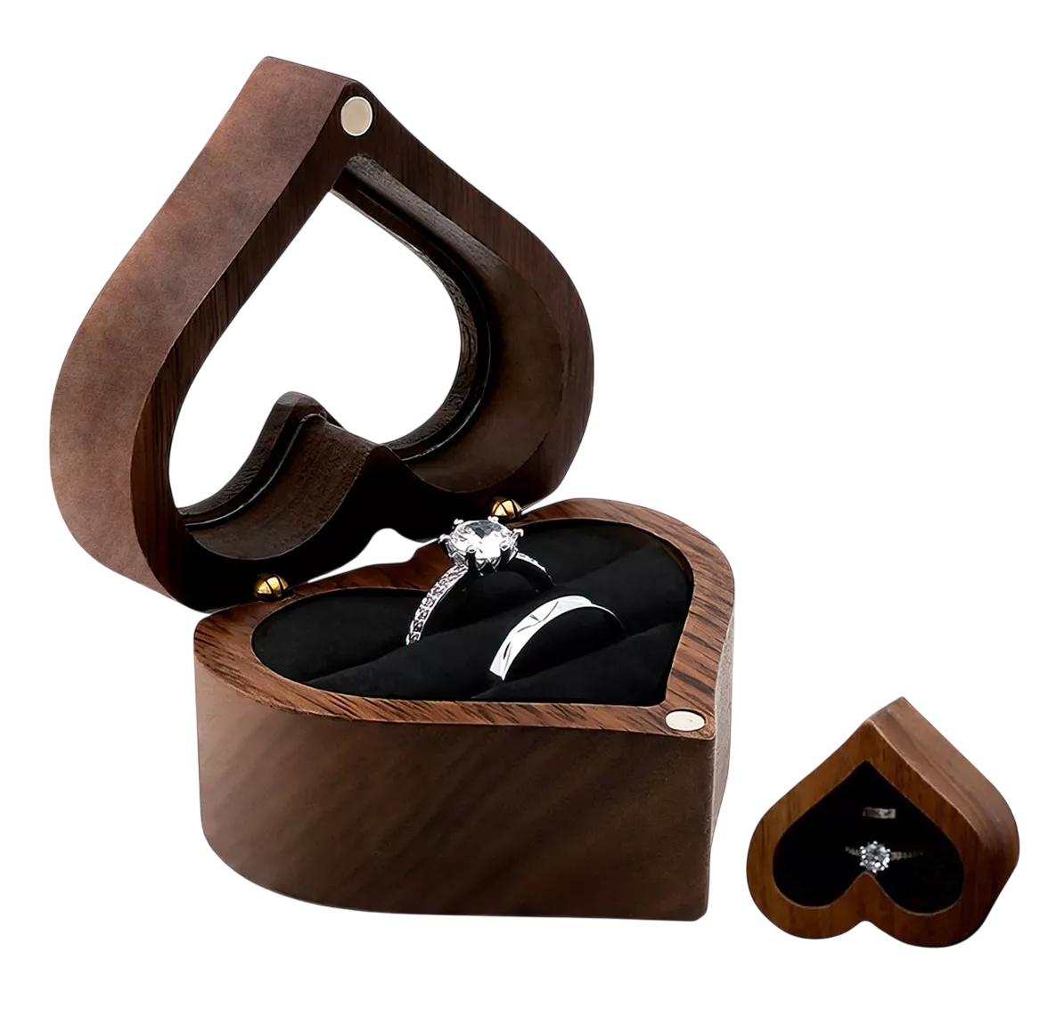 Foto 2 pulgar | Caja Con Anillos Forma De Corazón De Madera Nogal Para De Boda, Negro