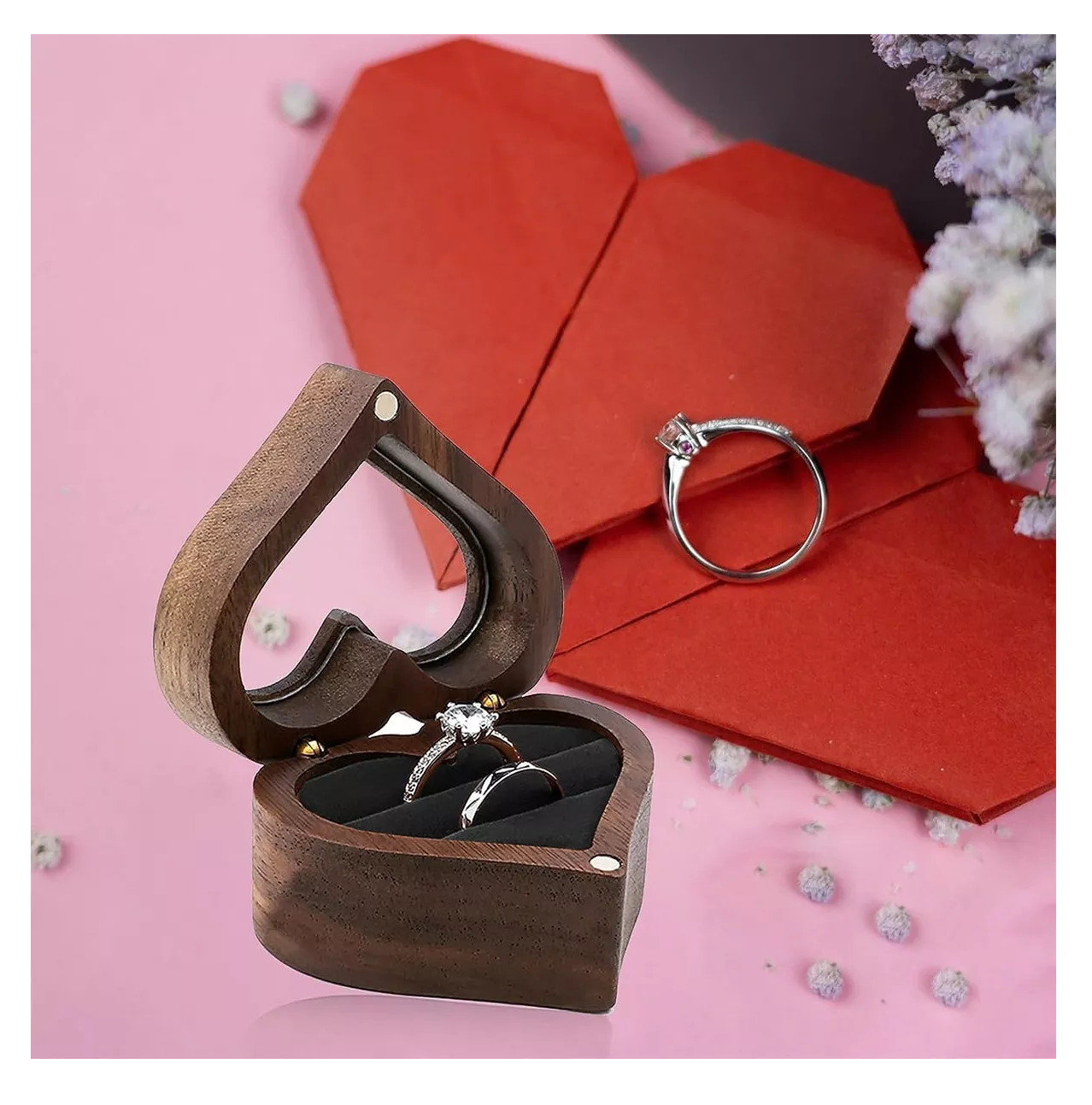 Foto 3 pulgar | Caja Con Anillos Forma De Corazón De Madera Nogal Para De Boda, Negro