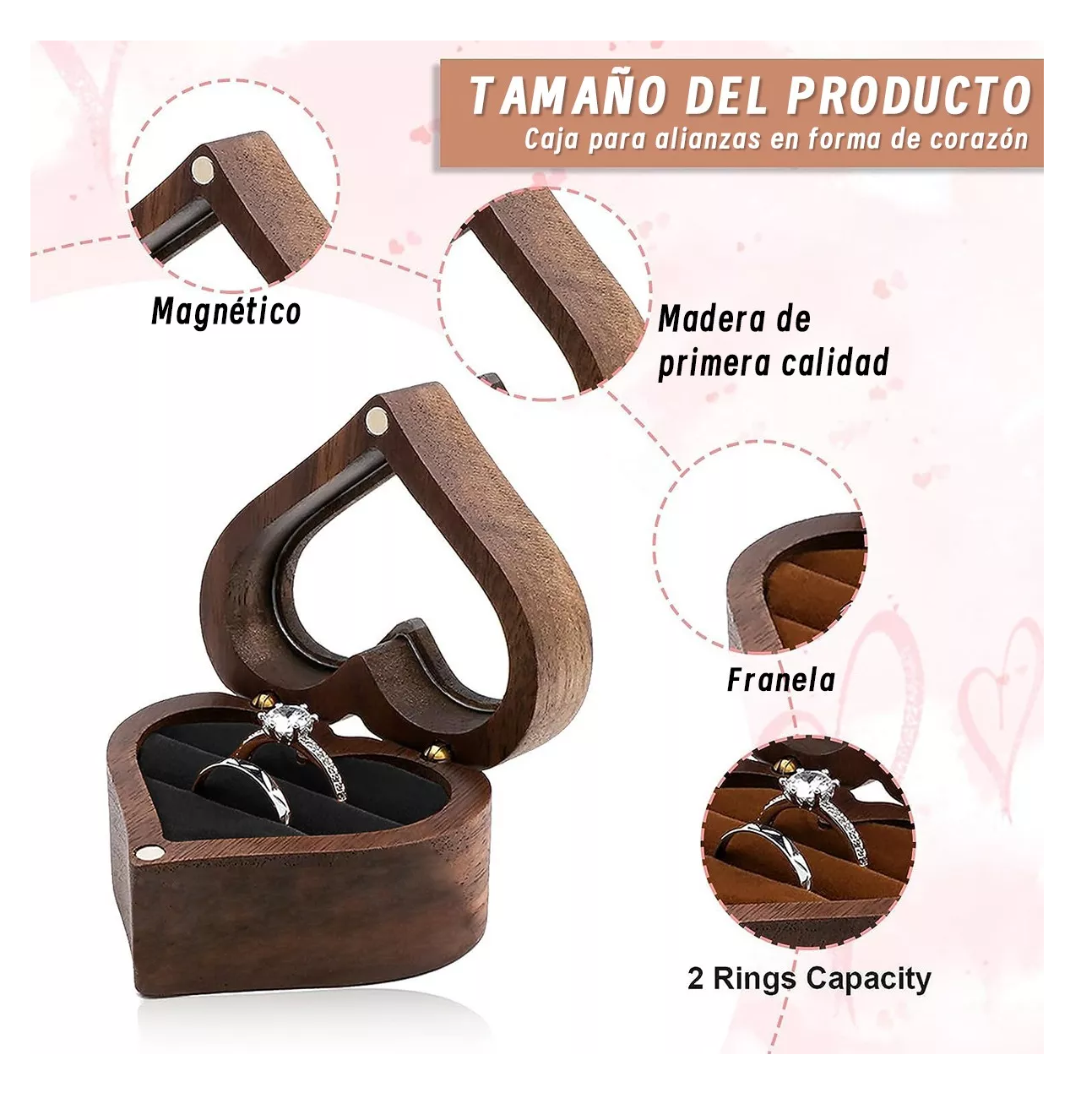 Foto 4 pulgar | Caja Con Anillos Forma De Corazón De Madera Nogal Para De Boda, Negro