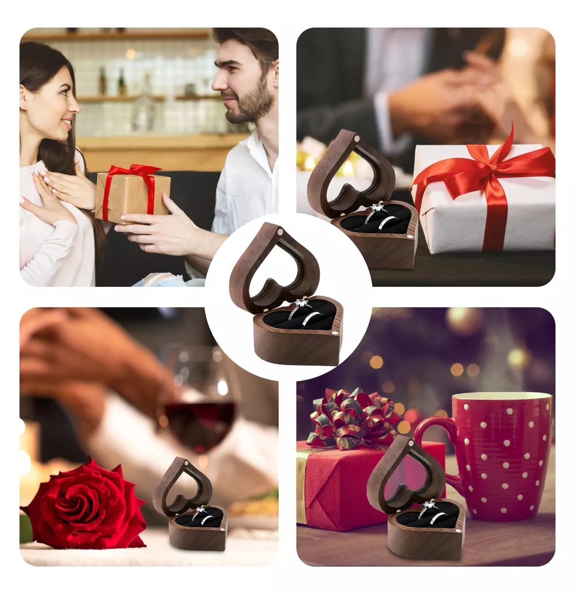 Foto 6 pulgar | Caja Con Anillos Forma De Corazón De Madera Nogal Para De Boda, Negro