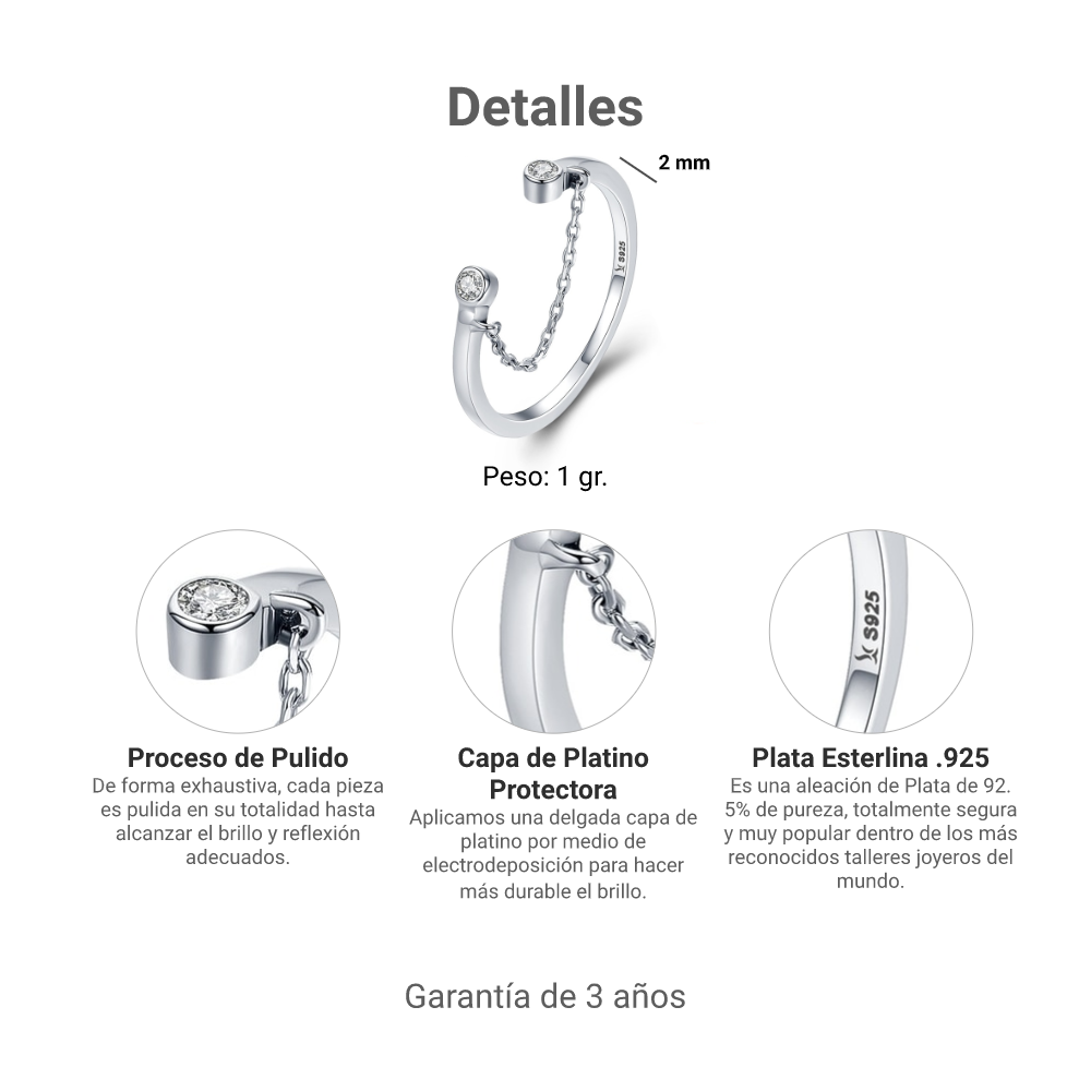 Foto 5 | Anillo Chulada Puente Cadenita De Plata .925 Con Chapa De Platino, Se Puede Mojar