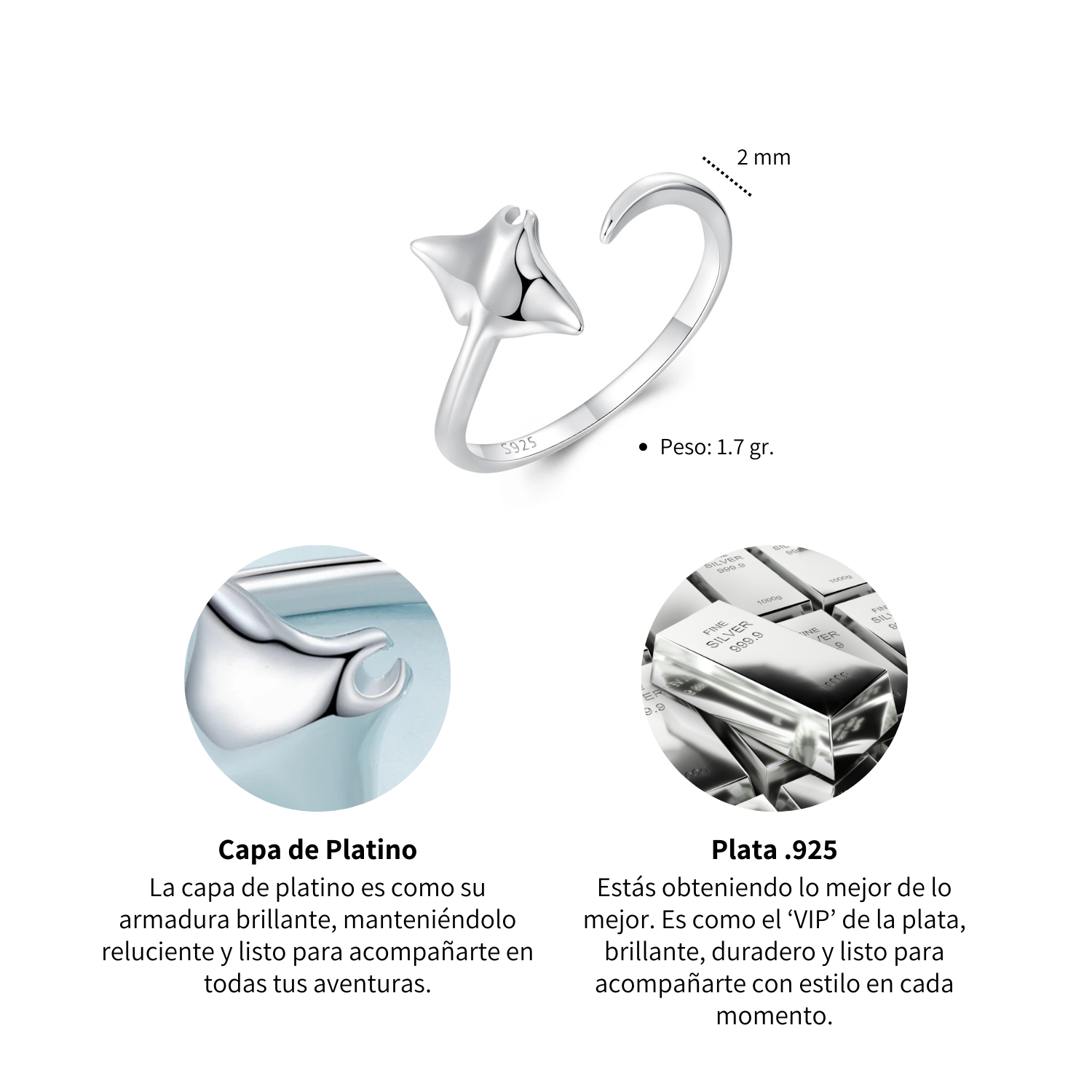 Foto 5 | Anillo Chulada, Mantarraya De Plata .925 Con Chapa De Platino