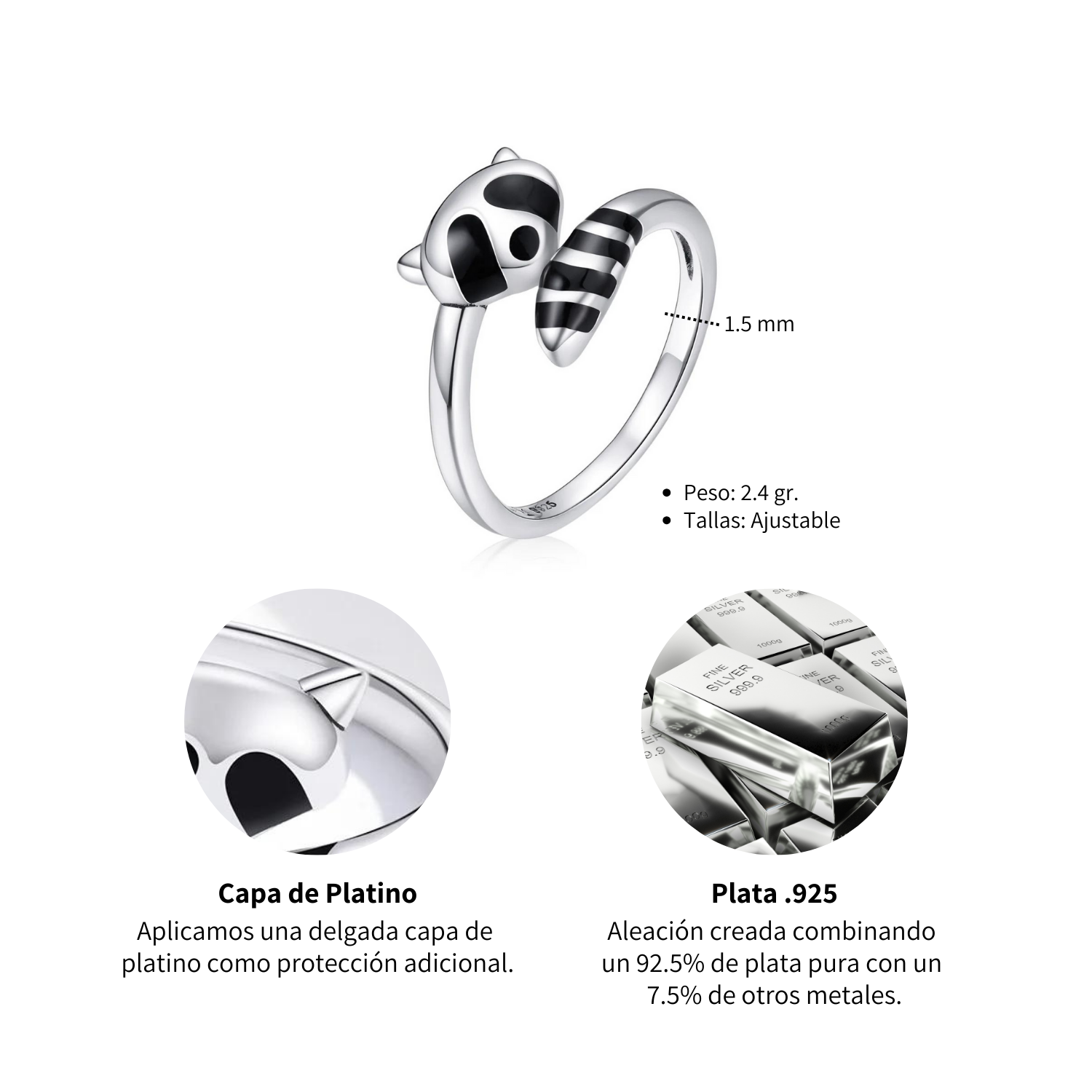 Foto 6 | Anillo Chulada, Mapache De Plata .925 Con Chapa De Platino, Se Pude Mojar