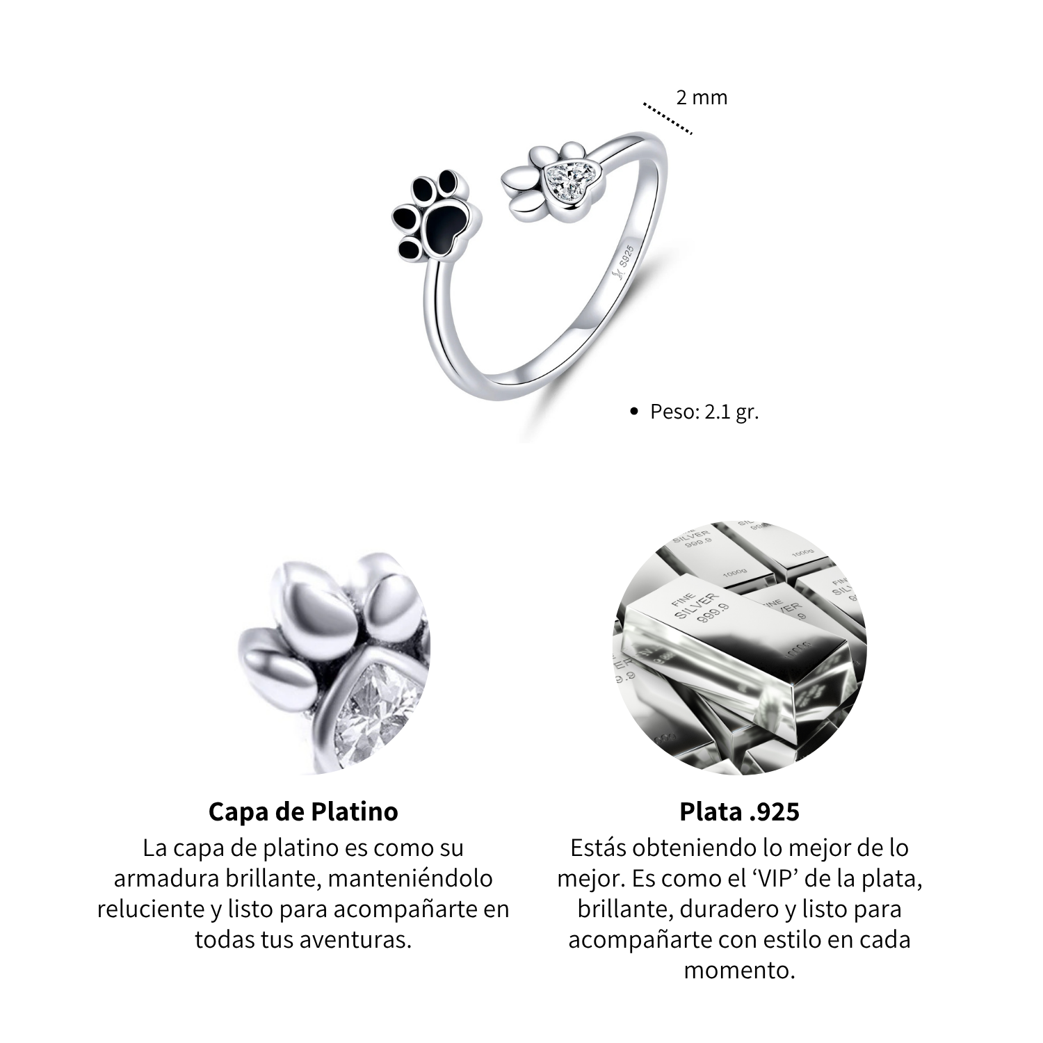 Foto 6 pulgar | Anillo Chulada, Huellitas Perro De Plata .925 Con Chapa De Platino, Se Pude Mojar