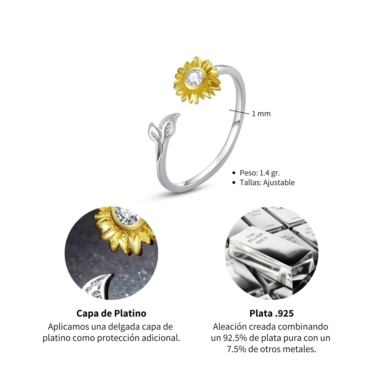 Foto 6 pulgar | Anillo Chulada, Flor Girasol De Plata .925 Con Chapa De Platino, Se Pude Mojar