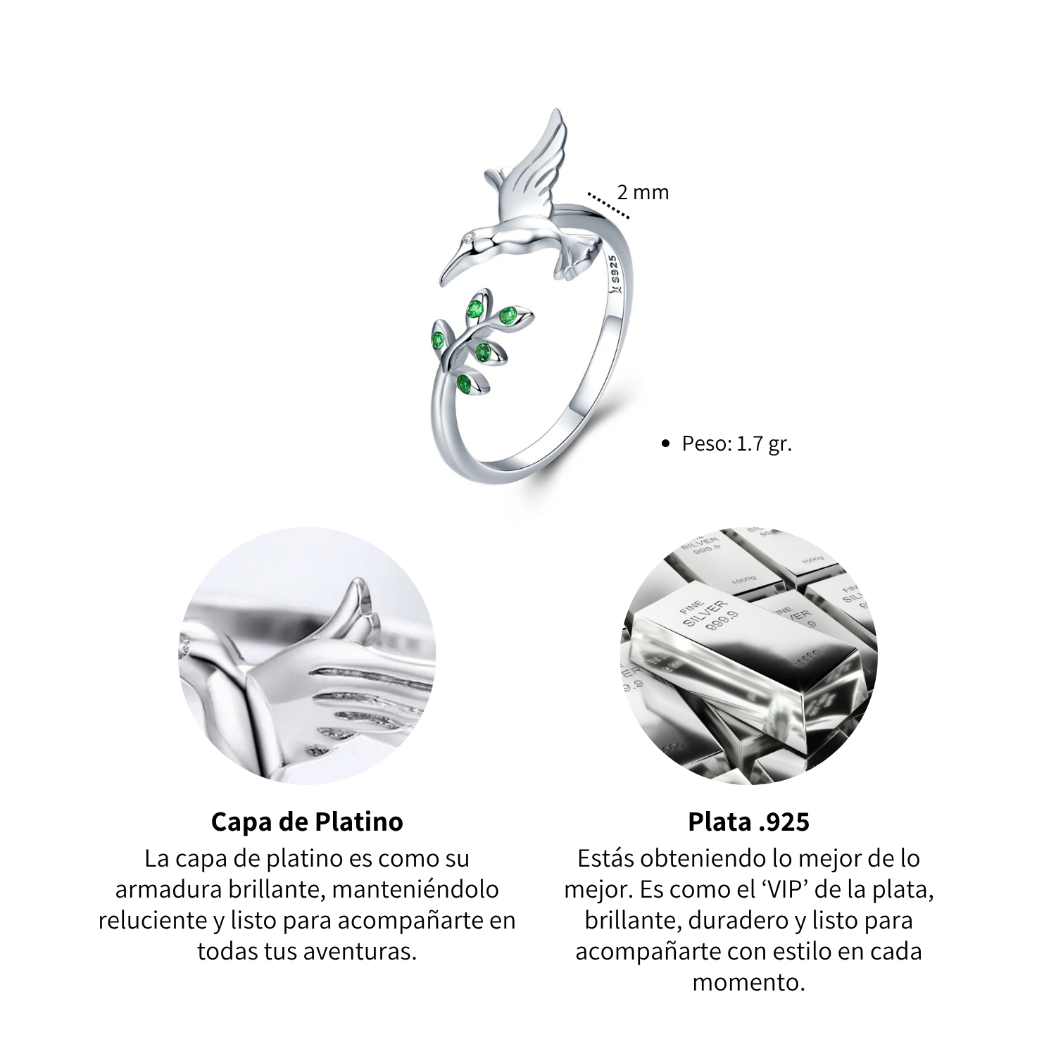 Foto 5 pulgar | Anillo Chulada, Colibrí De Plata .925 Con Chapa De Platino, Se Pude Mojar