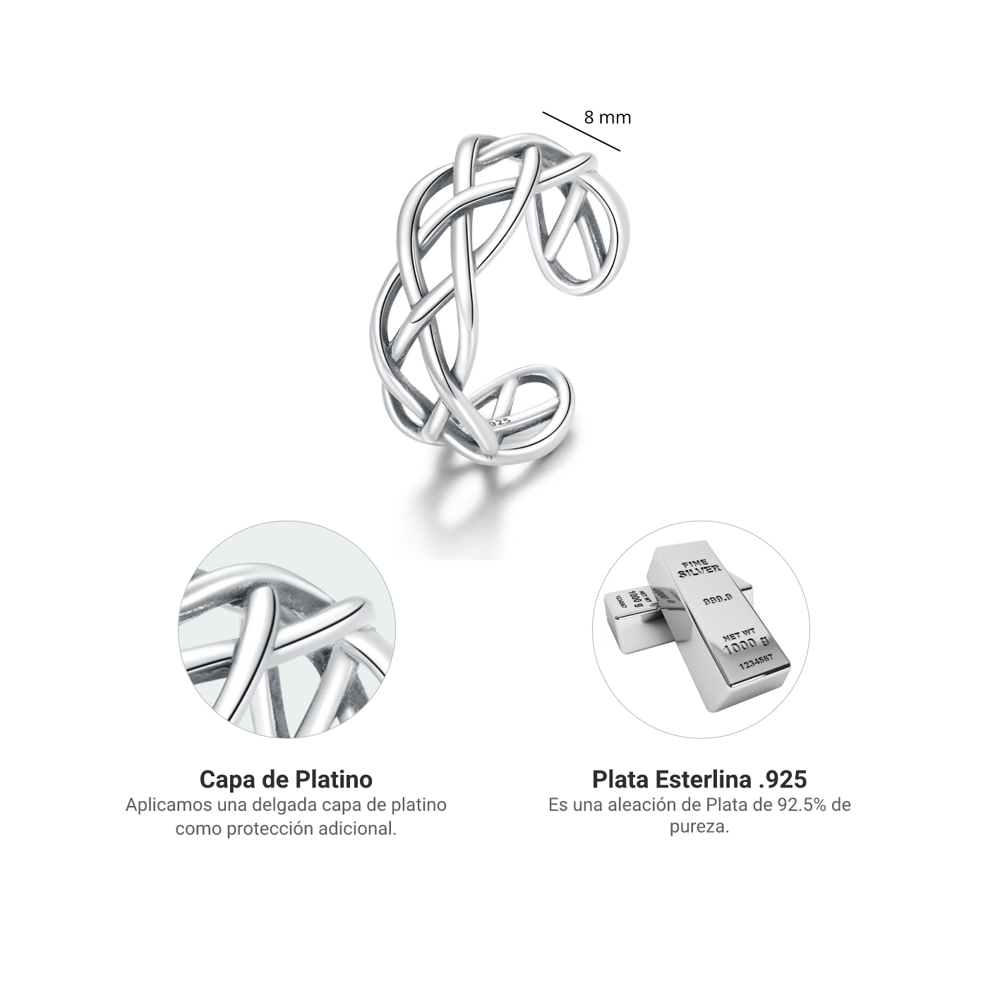 Foto 6 pulgar | Anillo Chulada, Trenzado De Plata .925 Con Chapa De Platino, Se Pude Mojar