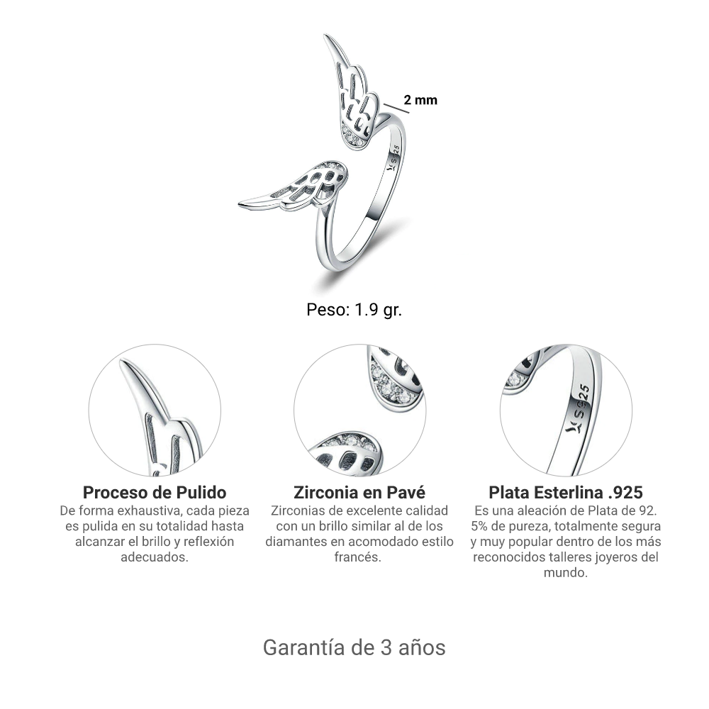 Foto 5 pulgar | Anillo Chulada, Alas De Ángel De Plata .925 Con Chapa De Platino, Se Pude Mojar