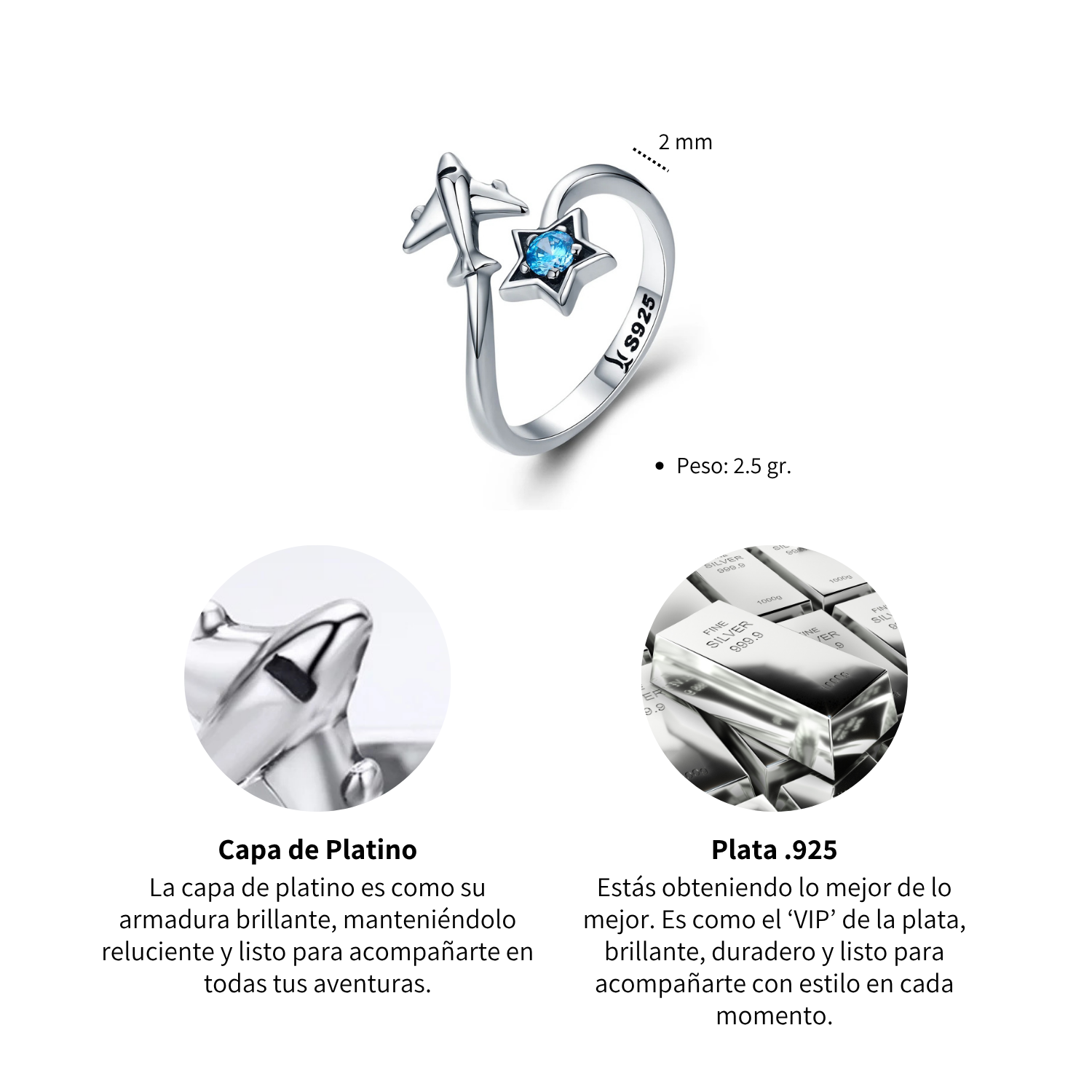 Foto 5 pulgar | Anillo Chulada  Avión Estrella De Plata .925 Con Chapa De Platino  Se Pude Mojar
