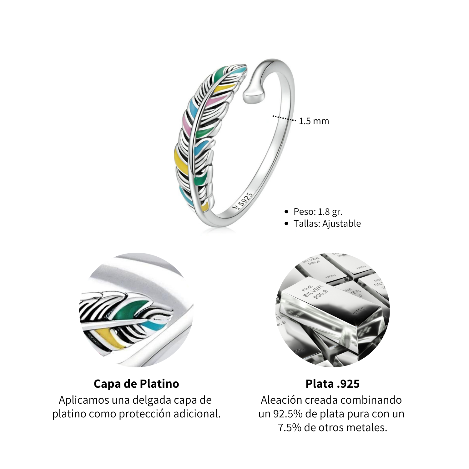 Foto 5 | Anillo Chulada  Pluma Pastel De Plata .925 Con Chapa De Platino  Se Pude Mojar