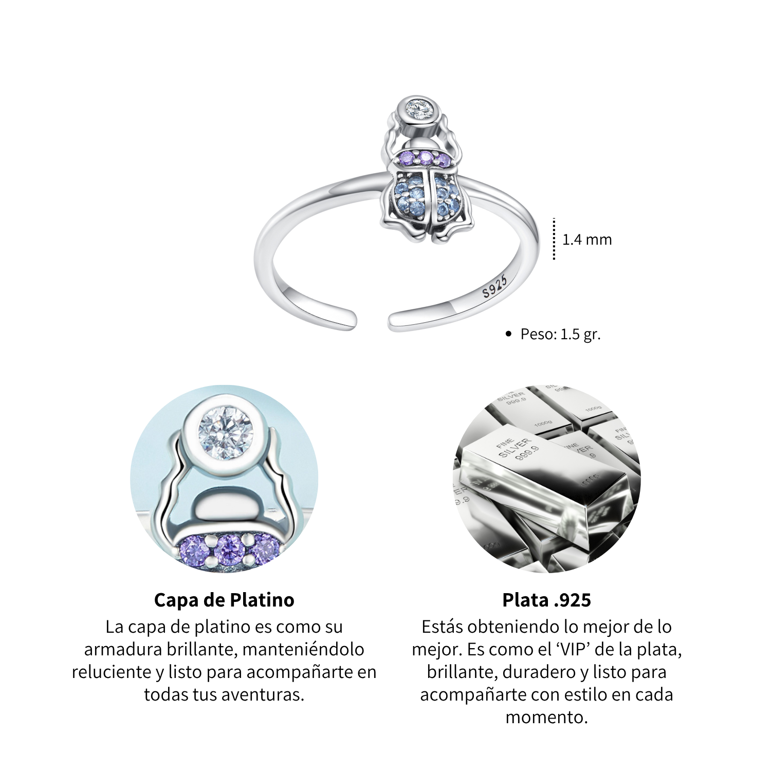 Foto 5 pulgar | Anillo Chulada  Escarabajo De Plata .925 Con Chapa De Platino  Se Pude Mojar