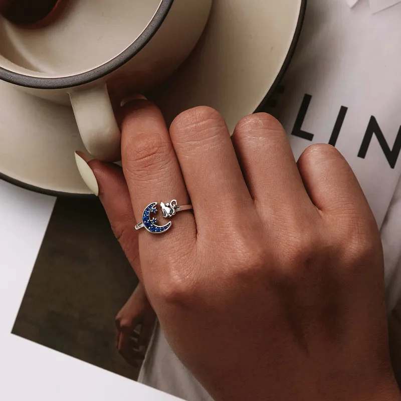 Foto 2 | Anillo Chulada  Gato Y Luna De Plata .925 Con Chapa De Platino  Se Pude Mojar