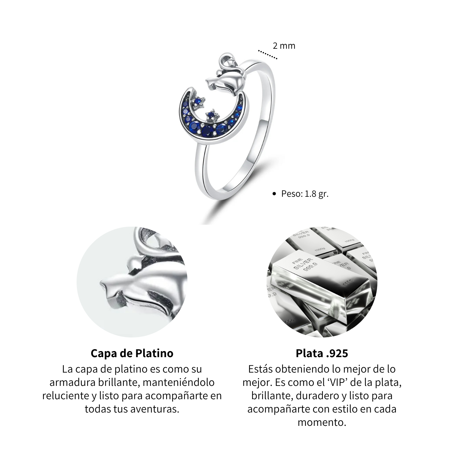 Foto 5 | Anillo Chulada  Gato Y Luna De Plata .925 Con Chapa De Platino  Se Pude Mojar