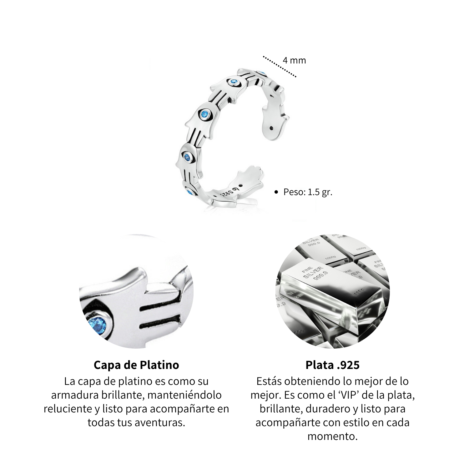 Foto 5 pulgar | Anillo Chulada  Mano Hamsa De Plata .925 Con Chapa De Platino  Se Pude Mojar