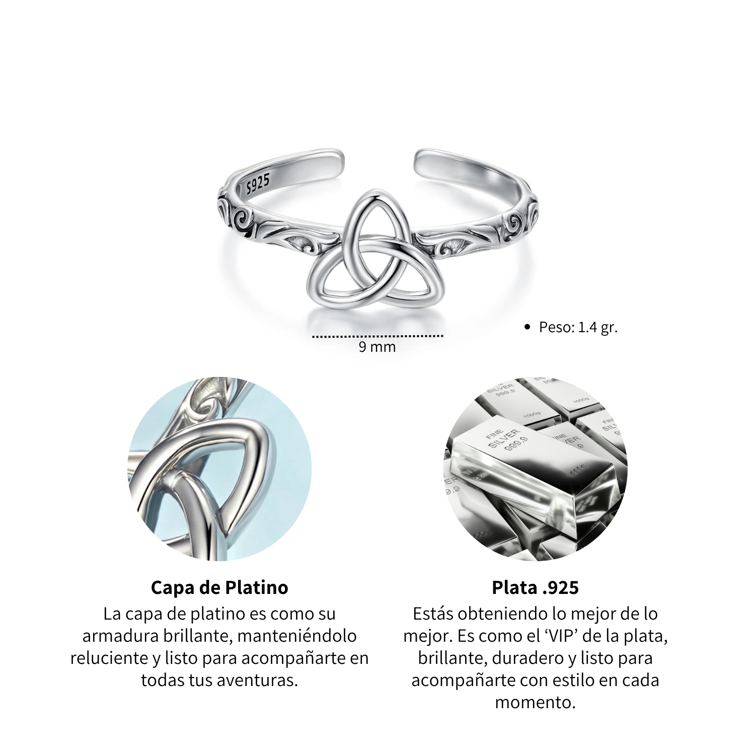 Foto 7 pulgar | Anillo Chulada  Nudo Celta De Plata .925 Con Chapa De Platino  Talla Ajustable  Se Pude Mojar