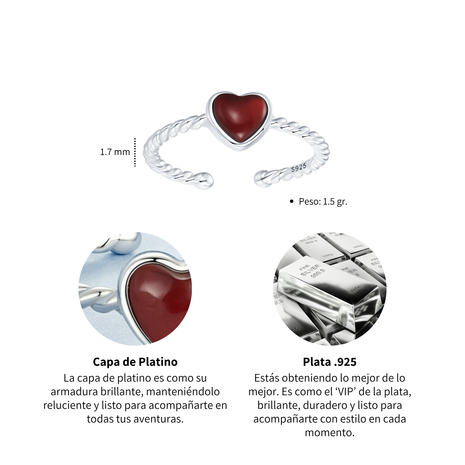 Foto 6 pulgar | Anillo Chulada  Corazón Ágata De Plata .925 Con Chapa De Platino  Se Pude Mojar